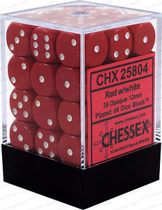 Chessex Opaque 36x 12mm Dice Red with White